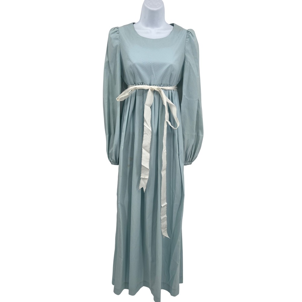 Vintage 60s or 70s Sky Blue Flocked Swiss Dot Prairie Dress Size S Empire Waist